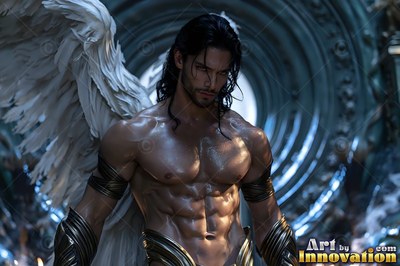 Dark bands wrap the arms of a winged man with a muscular build standing in a stone hall