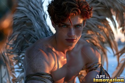 Crouching on a beach, a shirtless winged man looks ahead in warm sunset light