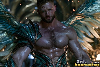 A muscular winged man looks forward with soft light shining on his teal armor