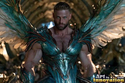 Facing forward in a dim hall, a winged man wears teal armor
