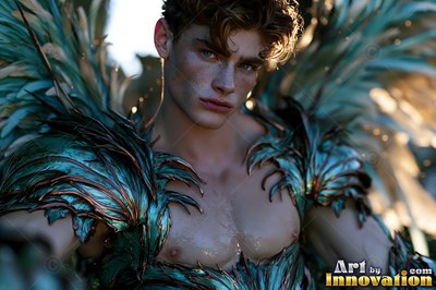 A young winged man looks forward in teal feather armor under sunlight