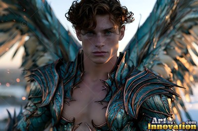 Under a pale evening sky, a winged man stands in green armor with copper trim