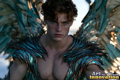 Facing forward, a man with wings is wearing teal feather armor under soft light