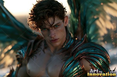Young winged man in teal armor looking forward outdoors