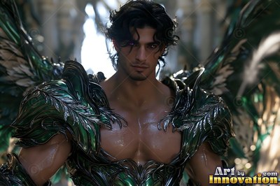 Dark leaf armor covers the chest of a winged man standing in a sunlit hall