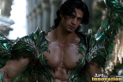 A winged man stands in shiny green armor as soft light falls across his face