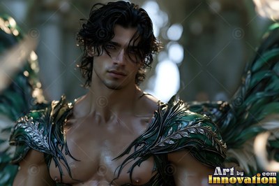 Facing forward in a bright hall, a winged man wears green armor on his shoulders