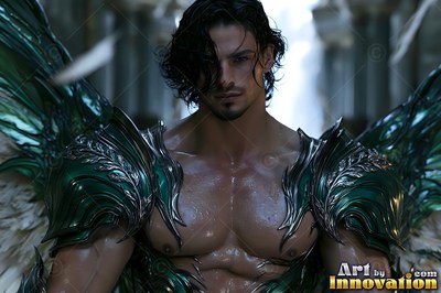 A shirtless man with dark hair wears green metal armor and has feathered wings