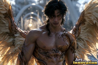Under white stone arches, a muscular winged man with dark hair looks ahead