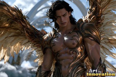 Looking forward in bronze armor, a winged man with dark hair stands outdoors