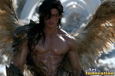 Dark hair framing his face, a winged man in bronze armor stands before bright white arches