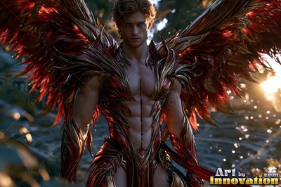 A man with wings stands facing forward with red feathers in warm golden sunlight