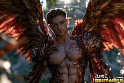 Facing forward outdoors, a winged man wears bronze armor under bright sun