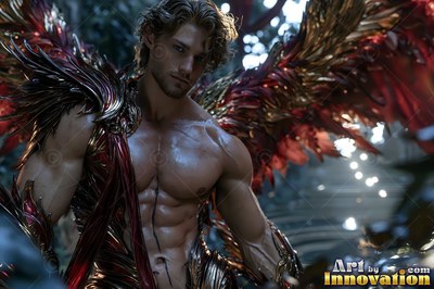 In a dark space, a shirtless man with red and gold wings looks forward