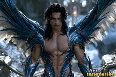 A dark-haired man with blue wings stands in blue armor
