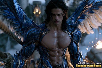 Blue armor frames the bare chest of a winged man standing outside at dusk