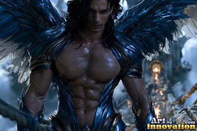 A man with wings stands forward in blue armor under soft daylight