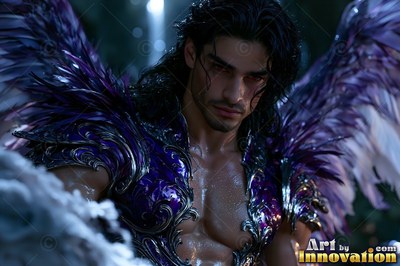 Facing forward in the dark, an angel man wears purple armor with feathered wings