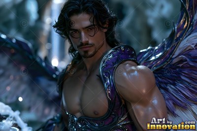 A winged man with dark hair wears purple shoulder armor in dim light