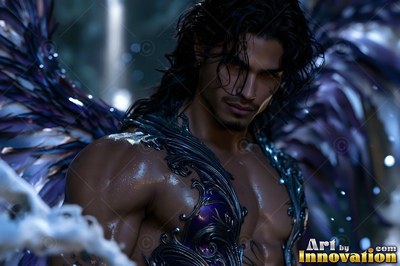 In soft light, a dark-haired winged man wears violet and shiny silver armor