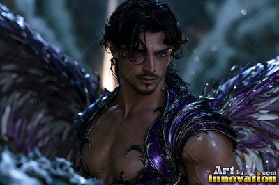 Looking forward, a man with wings wears purple shoulder armor under soft light