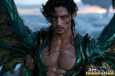 A winged man in green armor stands outside with an open chest