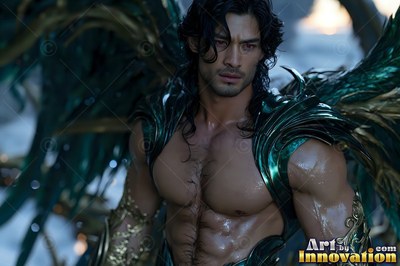 Green metallic armor wraps the chest of a dark-haired winged man outdoors in soft light