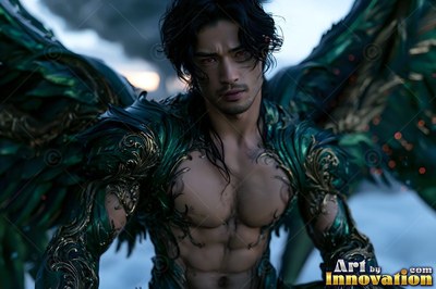 A winged man leans forward wearing green armor touched with soft white light