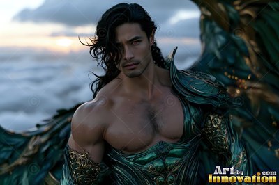 Facing forward high above clouds, a winged man wears green armor at sunset