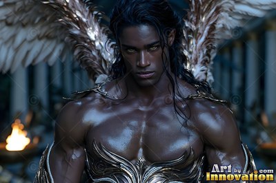 A shirtless man with large feathered wings looks forward in dark armor