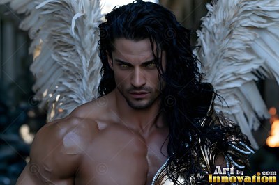 Staring forward, a muscular man with black hair has white feathered wings
