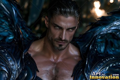 A winged man stares forward with yellow eyes in dim blue light