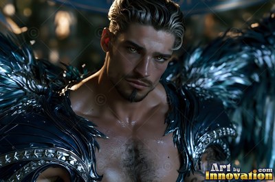 Facing forward in the dark, a man with wings wears metallic armor of silver over his chest