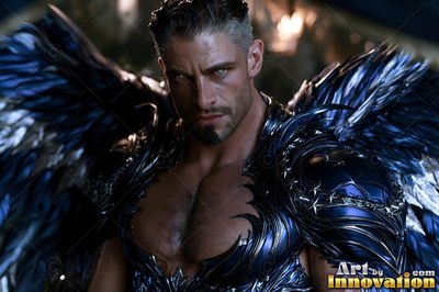 A bearded man with silver wings wears blue metal armor under soft indoor light