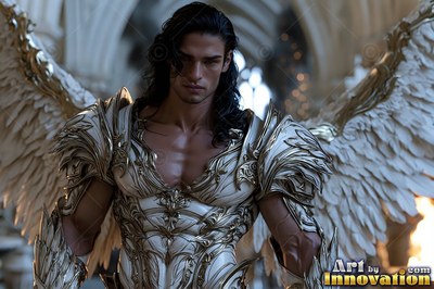 Carved white armor covers the chest of a winged man inside a high stone hall