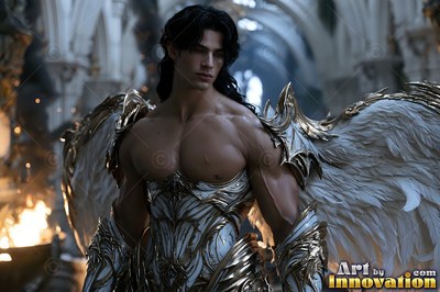 A winged man stands in white armor with warm firelight shining on his chest