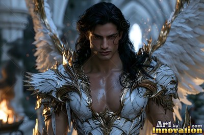 Facing forward in a stone hall, a winged man is dressed in white armor with gold trim