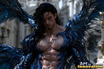 A muscular man with dark wings stands outside wearing glossy blue armor