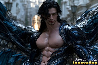 In a stone courtyard, a dark-haired winged man is dressed in black armor over his chest