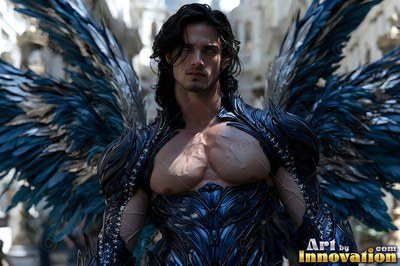 Standing outdoors, a dark-haired man wears blue feathered armor and dark wings