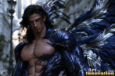 A muscular man with dark feathered wings wears shiny blue armor