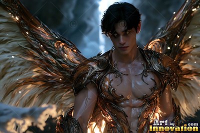 A bare-chested winged man in carved bronze armor stands in front of a dark waterfall