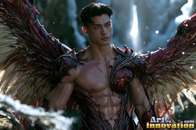 A winged man stands in dark red armor with bright daylight shining on his chest