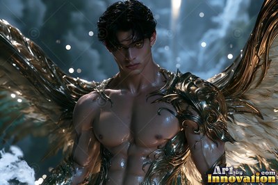 Facing forward in a dark pool, a winged man has on golden armor