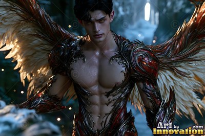 A bare-chested winged man is standing in dark woods wearing red armor pieces