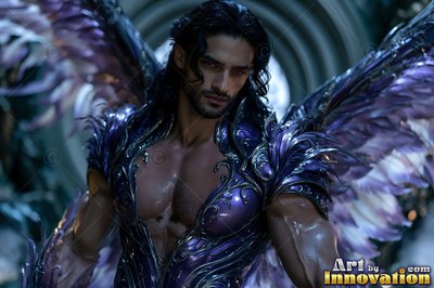 In a stone archway, a man with wings is wearing purple armor with feather shoulders
