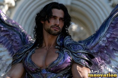 Standing outside arched stone doors, a winged man has on purple steel armor