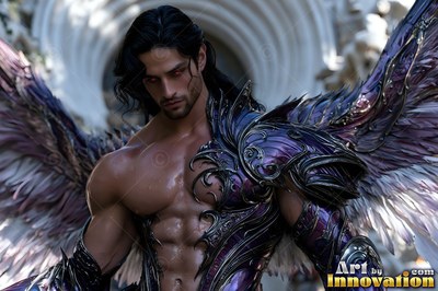 A winged man with purple armor over one shoulder
