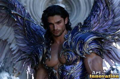Curved blue armor covers the shoulder of a winged man before a pale stone arch