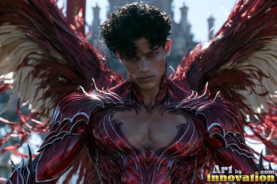 A winged man stands in dark red armor, his face highlighted by sharp sunlight